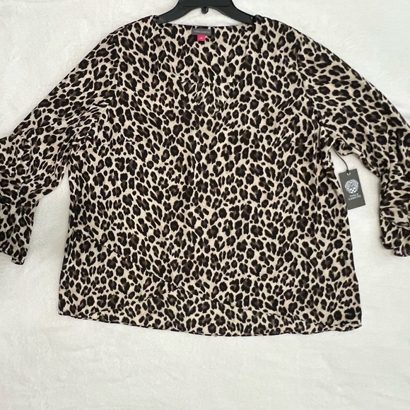 Vince Camuto Brown and Cream Bell Sleeve Blouse with Relaxed Fit - Picture 9 of 10